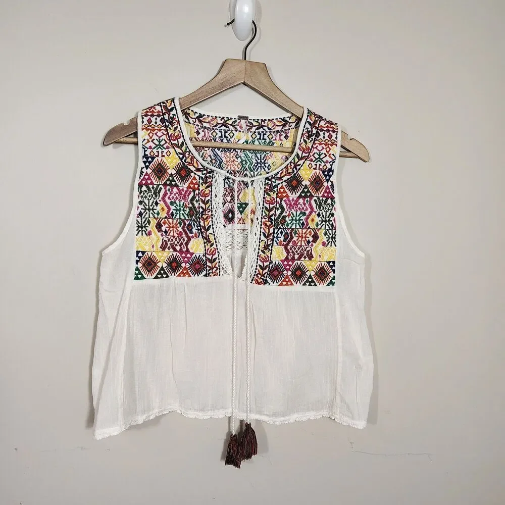 Free People Boho Embroidered Peasant Tank Top Size M Cream Festival
